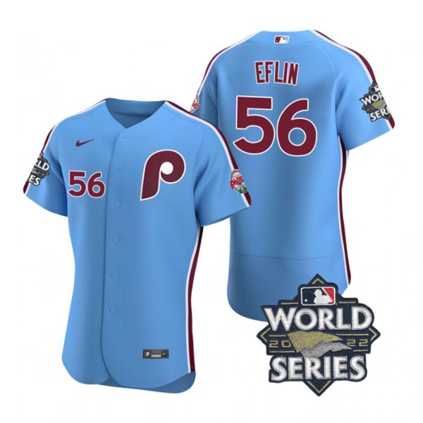 Phillies 56 Zach Eflin Blue Nike 2022 World Series Flexbase Jersey->patches->MLB Jersey